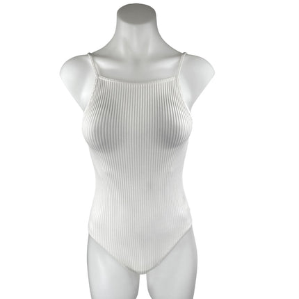 Aritzia Wilfred White Ribbed Knit Sculpt Sleeveless Open Back Bodysuit Top XS