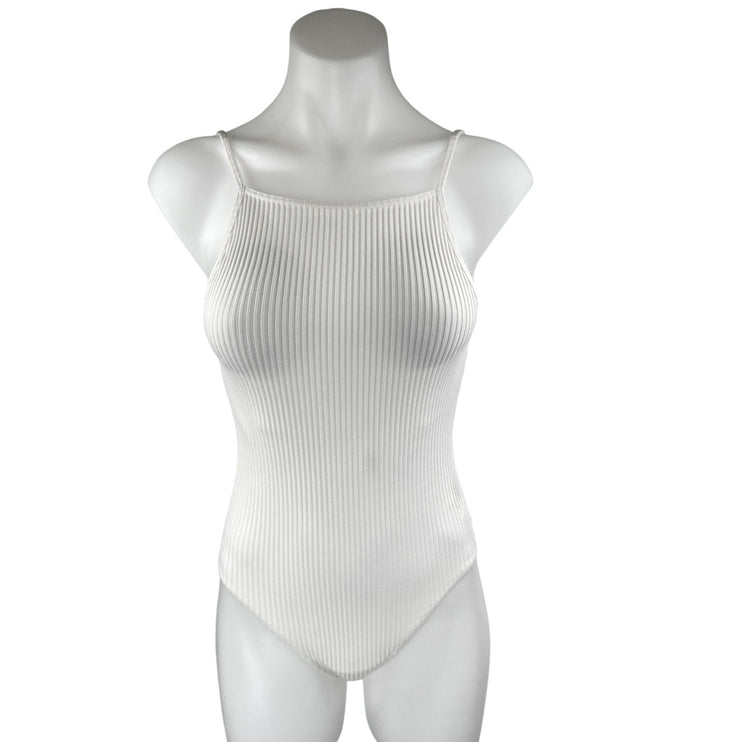 Aritzia Wilfred White Ribbed Knit Sculpt Sleeveless Open Back Bodysuit Top XS