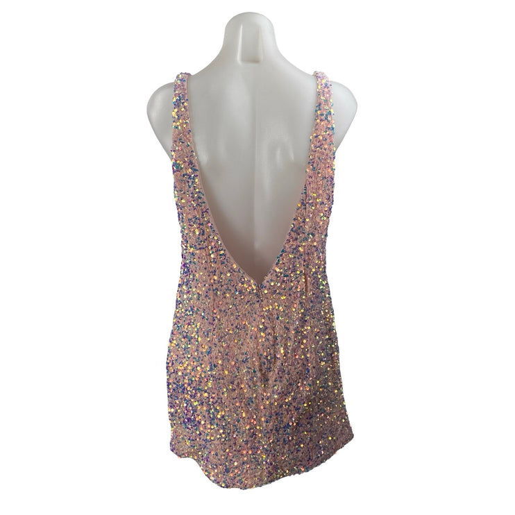 Sherri Hill Pink Sequin Sparkly Shimmer Party Vneck Open Back Mini Tank Dress 16