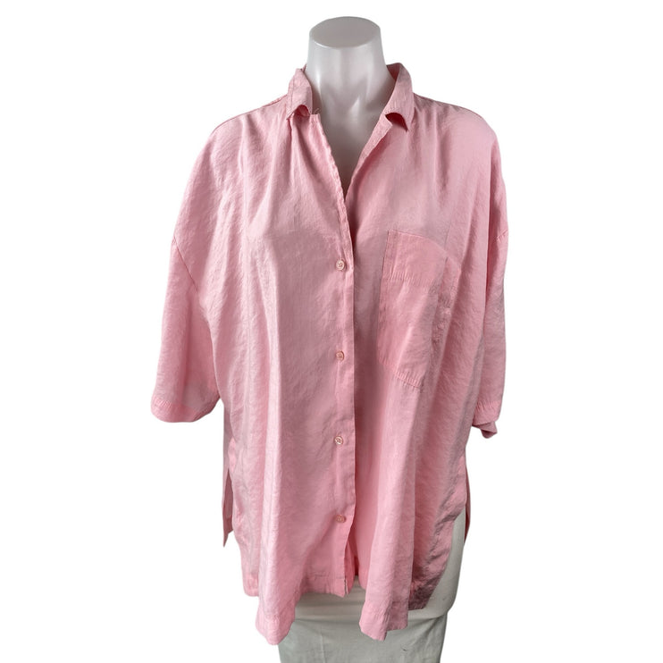 Zara Women's Pink Collared 3/4 Sleeve Button Down Oversized Pocket Shirt Top S