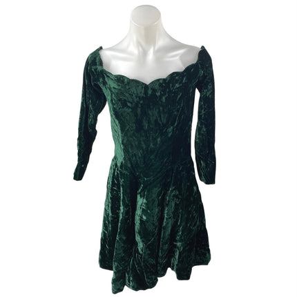 Women's Green Velvet Velour Handmade Half Sleeve Scalloped A Line Mini Dress S