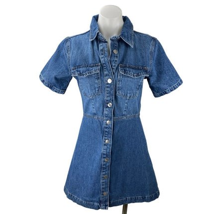 Zara Blue Medium Wash Short Sleeve Button Down A Line Mini Denim Jean Dress Sz S