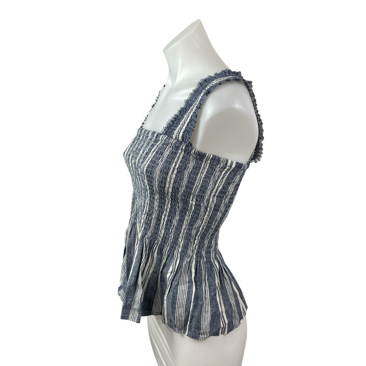 Anthropologie Maeve Women's Blue Striped Ruffle Sleeveless Peplum Blouse Top S