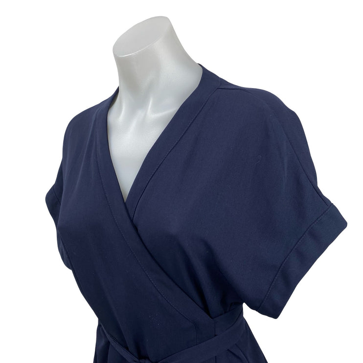 Tobi Women's Navy Blue V Neck Short Sleeve Tie Waist Midi A-Line Wrap Dress Sz S
