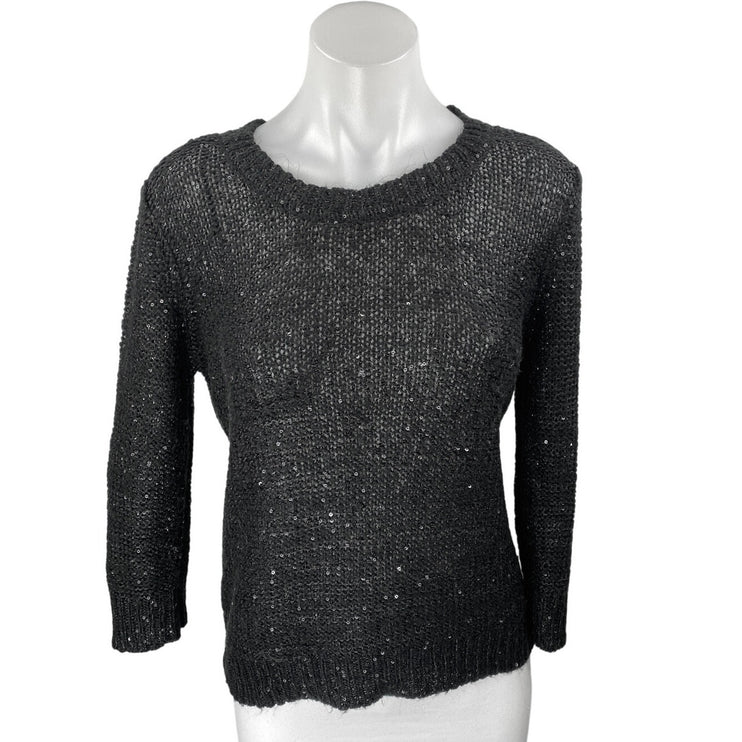 Aqua Black Long Sleeve Sequin Sparkly Knit Crew Neck Pullover Sweater Top Size M