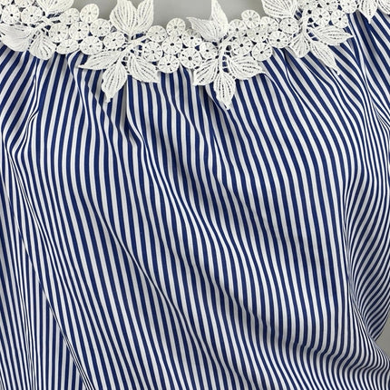 NEW Good Times Blue White Striped Floral Short Puff Sleeve Blouse Top Sz 1X/2X