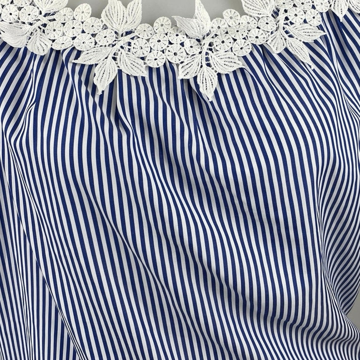 NEW Good Times Blue White Striped Floral Short Puff Sleeve Blouse Top Sz 1X/2X