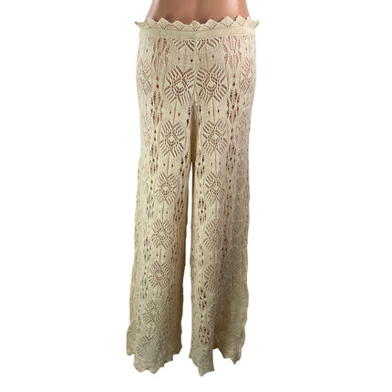 Women's Beige Crochet Knit Geometric High Waisted Boho Wide Leg Trousers Pants S