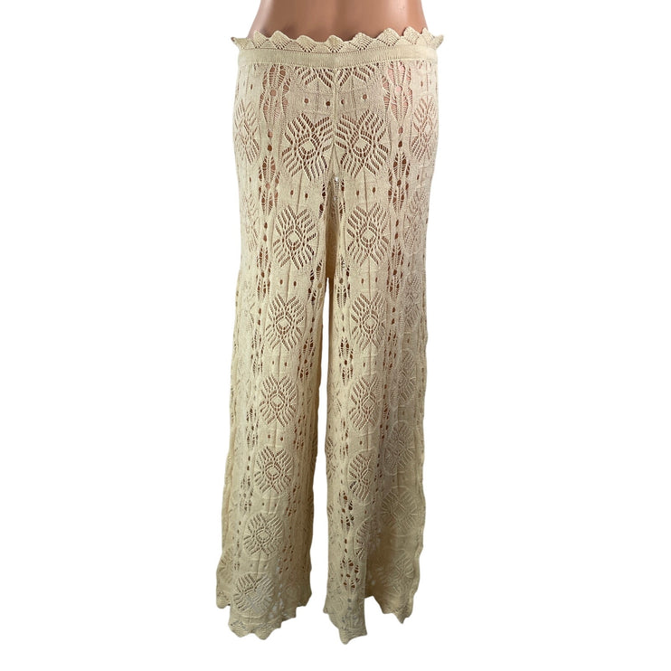 Women's Beige Crochet Knit Geometric High Waisted Boho Wide Leg Trousers Pants S