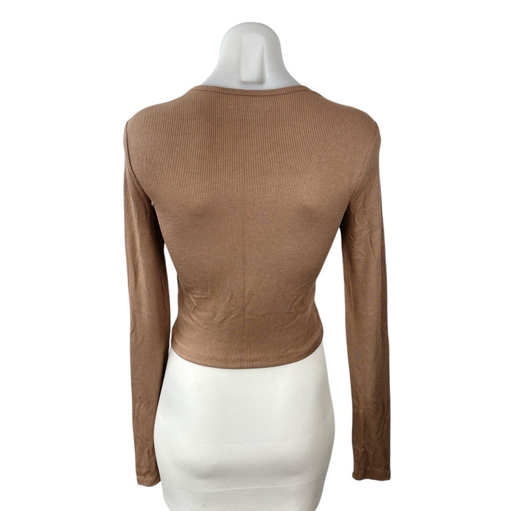 Abercrombie & Fitch Womens Beige Ribbed Crew Neck Long Sleeve Crop Sweater Top S