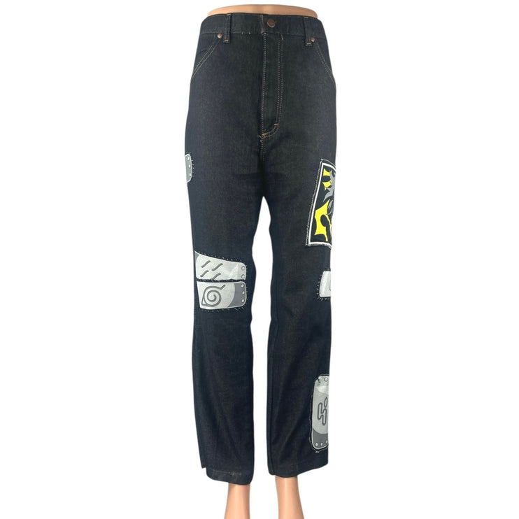 Women's Black Naruto Patchworks High Waisted Straight Leg Denim Jeans Pants 36