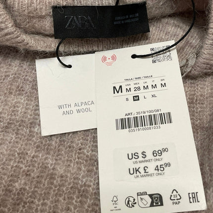 NEW Zara Beige Long Raglan Sleeves Wool Ribbed Knit Relaxed Fit Sweater Top Sz M