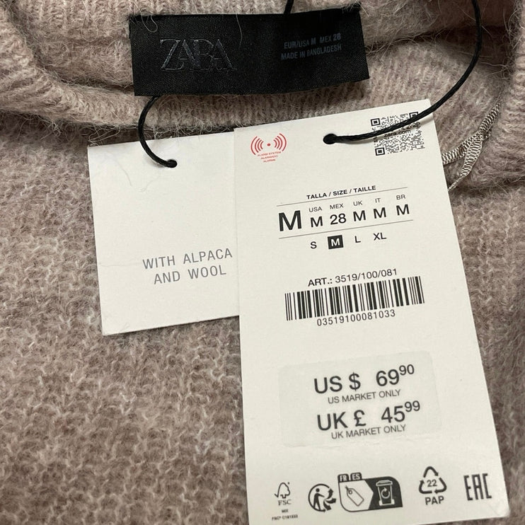 NEW Zara Beige Long Raglan Sleeves Wool Ribbed Knit Relaxed Fit Sweater Top Sz M