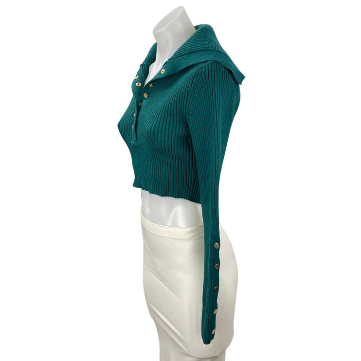 Zara Women's Teal Blue Ribbed Knit Long Sleeve Henley Sweater Crop Top Size S