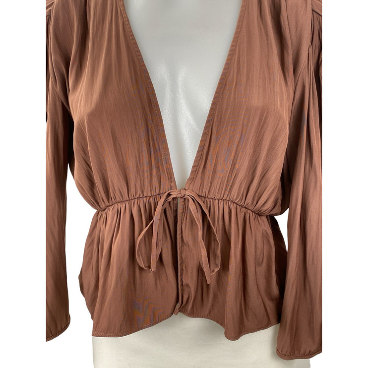 Aritzia Wilfred Shanina Womens Brown Deep V Neck Long Sleeve Tie Blouse Top Sz S
