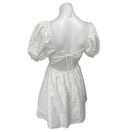 Zara Women's White Short Puff Sleeve Eyelet Embroidered Fit & Flare Mini Dress M