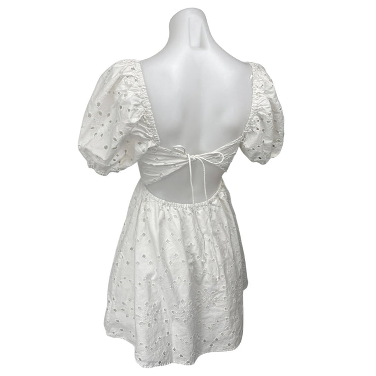 Zara Women's White Short Puff Sleeve Eyelet Embroidered Fit & Flare Mini Dress M