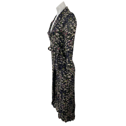 Ganni Georgette Multicolor Floral Long Sleeve Asymmetrical Hem Midi Wrap Dress M