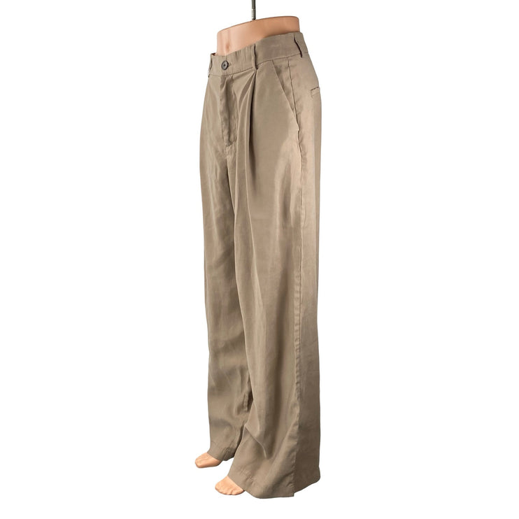 Zara Beige Pleated High Waisted Straight Palazzo Wide Leg Trousers Dress Pants M