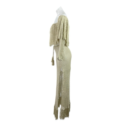 Beige Off The Shoulder Crochet Long Sleeve Boho Knit Fringe Maxi Dress Size S