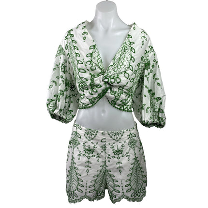 Zara Womens White Green Embroidered Knot Front Crop Top & Shorts Coord Set Sz S