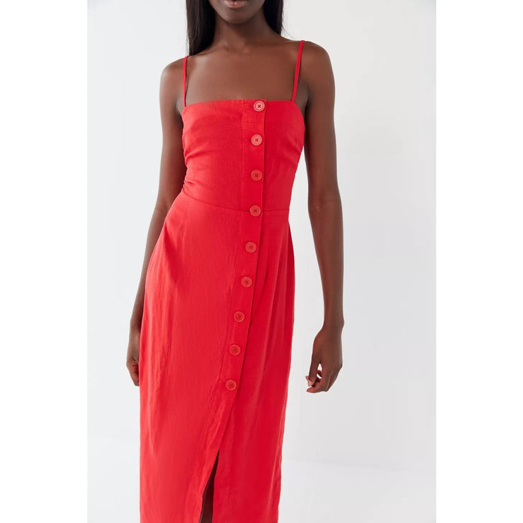 Urban Outfitters Red Onyx Linen Button-Front Slit Spaghetti Straps Midi Dress XS