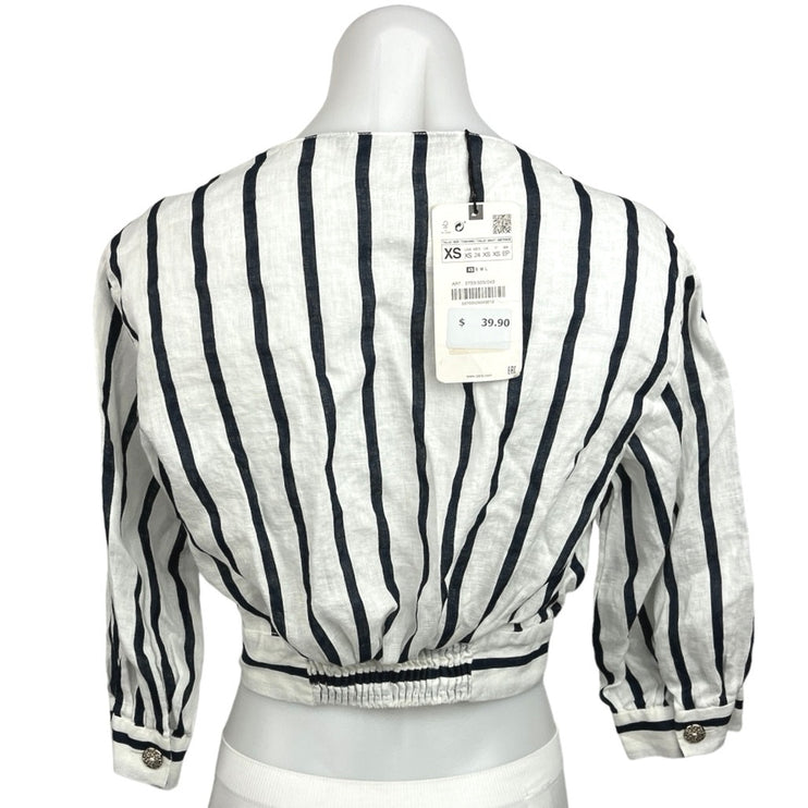 Zara NWT White Striped 100% Linen V-Neck Wrap Balloon Sleeve Blouse Crop Top XS