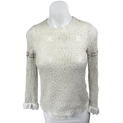 Massimo Dutti White Embroidered Mesh Ruffle Crew Long Sleeve Blouse Top Size 6