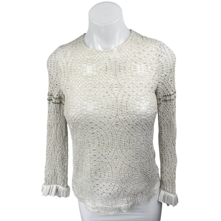 Massimo Dutti White Embroidered Mesh Ruffle Crew Long Sleeve Blouse Top Size 6