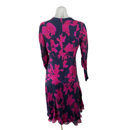 L.K. Bennett Navy Blue Pink Floral Long Sleeve V Neck A Line Midi Dress Size 6
