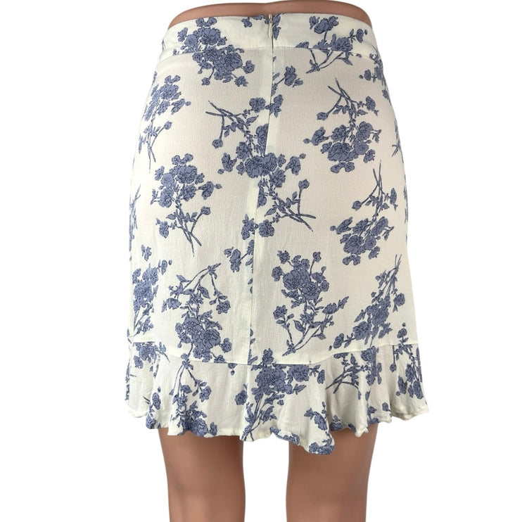 NEW MNG White Blue Floral High Waisted Ruffle Faux Wrap Mini Skirt Size XXS