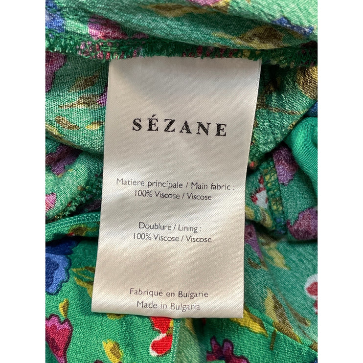Sezane Penelope Green Floral Sleeveless Ruffle Straight Wide Leg Jumpsuit Size 2