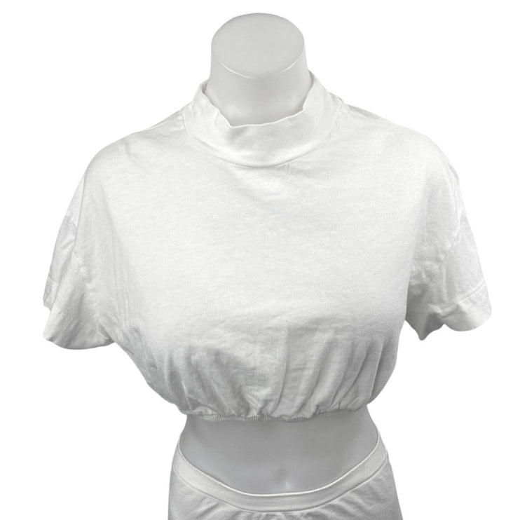 Alo Yoga Kick It White Mock Neck Cinched Waist Short Sleeve Crop Tee Top Size S