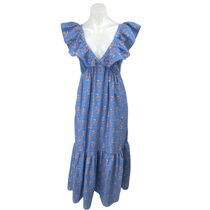 Mango MNG Blue Floral Ruffle Short Sleeve Deep V-Neck A Line Maxi Dress Size 4