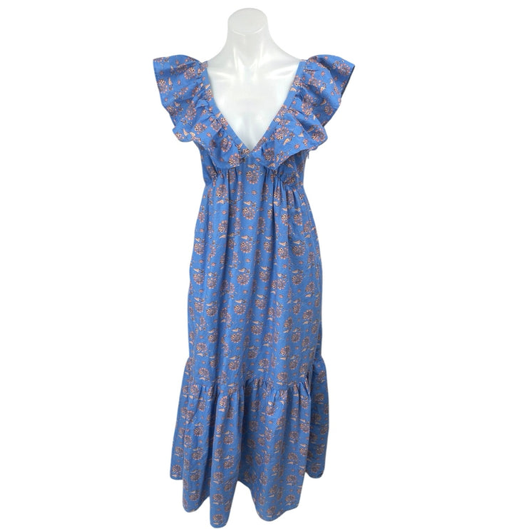 Mango MNG Blue Floral Ruffle Short Sleeve Deep V-Neck A Line Maxi Dress Size 4