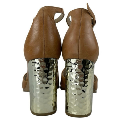 Aldo Nilia Women's Brown Open Toe Ankle Strap Gold High Block Heels Sandals Sz 7