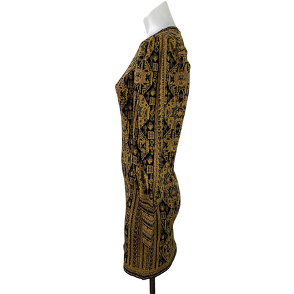 NEW Zara Gold Metallic Jacquard Long Balloon Sleeve Mini Sweater Dress Size S