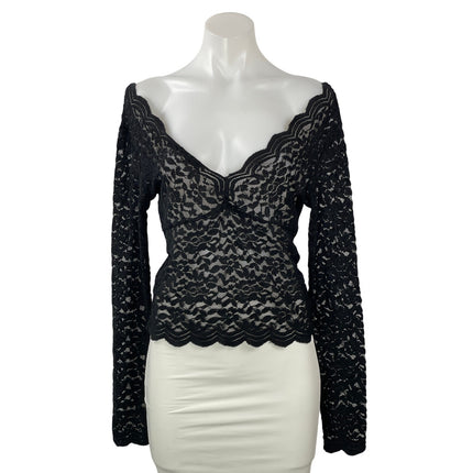 Zara Women's Black Long Sleeves Floral Lace Sheer Plunging V-neck Blouse Top L