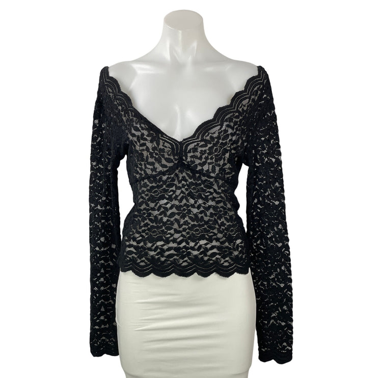 Zara Women's Black Long Sleeves Floral Lace Sheer Plunging V-neck Blouse Top L