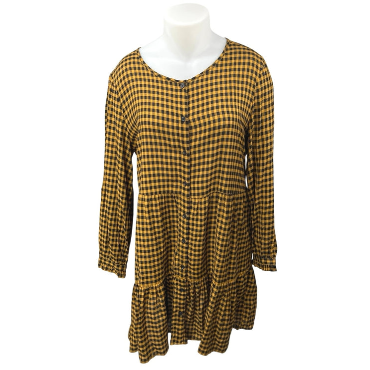 BeachLunchLounge Yellow Gingham Check Long Sleeve Ruffle Button Up Mini Dress XL
