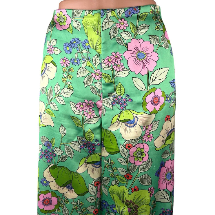 Zara Green Silk Satin Floral High Waisted Boho Wide Leg Trouser Pants Size S