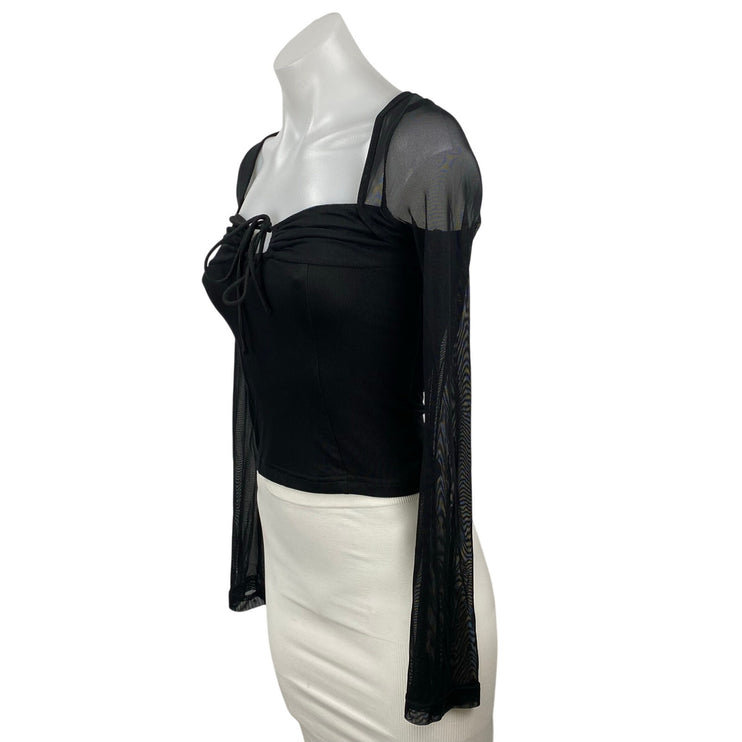 Princess Polly Women's Black Sheer Mesh Long Sleeve Tie Neck Crop Blouse Top 2