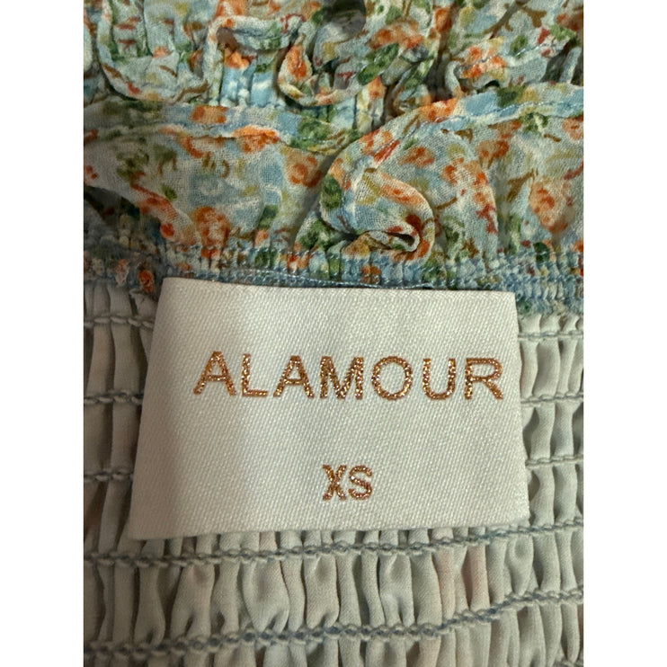 Alamour Jules Floral Off Shoulder Shirred Smocked Puff Sleeve Mini Dress Size XS