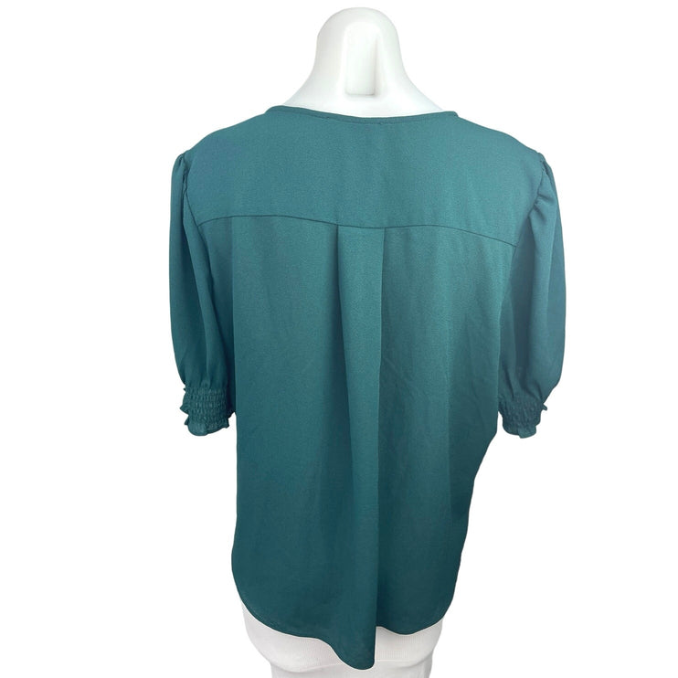 1.State Green Button Pintucked Smocked Puff Sleeve V Neck Blouse Top Size XL