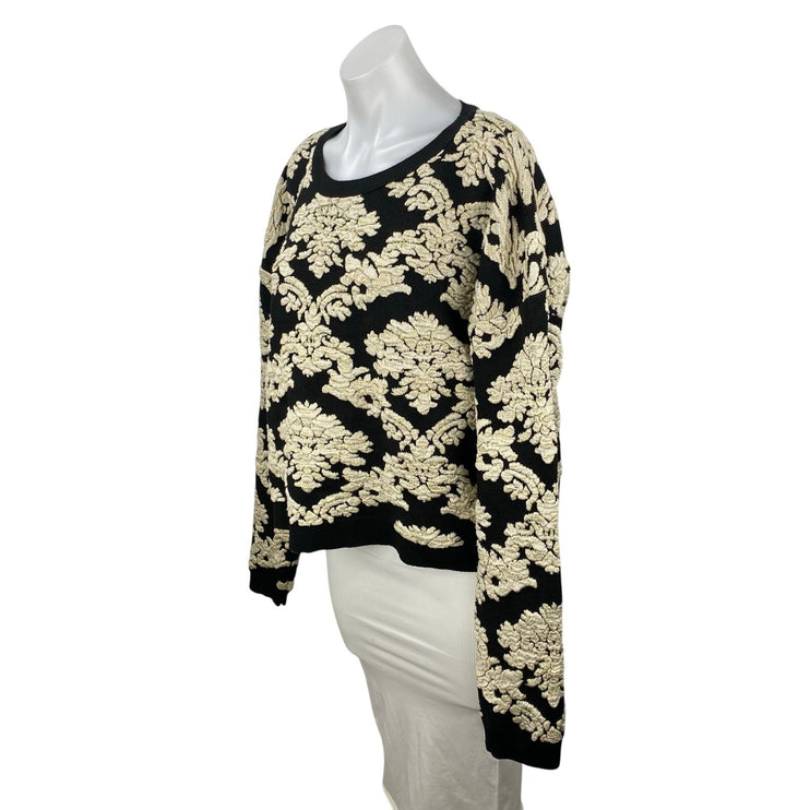 Pull & Bear Women's Black Cream Tapestry Floral Long Sleeve Knit Sweater Top XL
