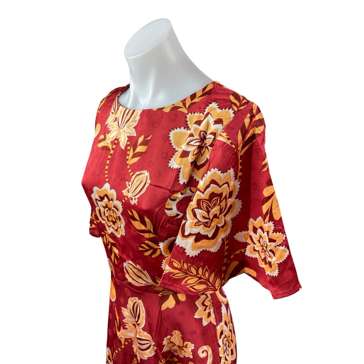 Flying Tomato Red Floral Half Flutter Sleeve Open Back Fit & Flare Midi Dress S