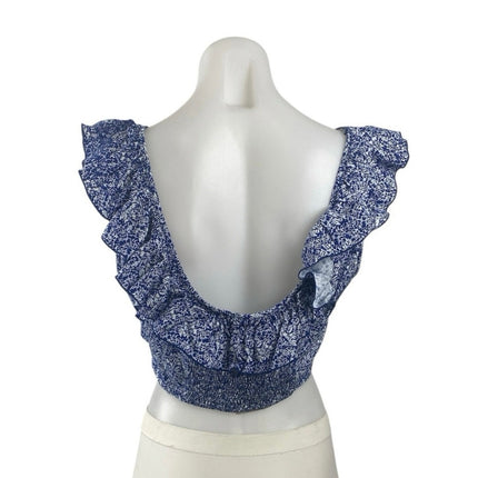 NEW Valija Blue Ruffle Scoop Neck Backless Smocked Printed Boho Crop Top Size L