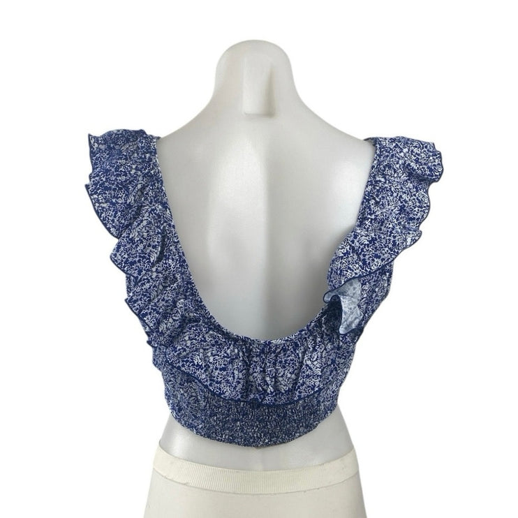 NEW Valija Blue Ruffle Scoop Neck Backless Smocked Printed Boho Crop Top Size L