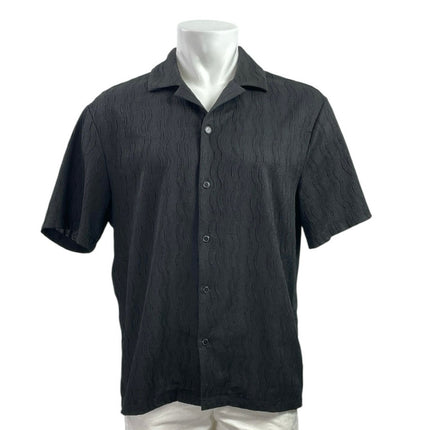 H&M Black Texture Weave Collared Short Sleeve Button Down Resort Shirt Top Sz L