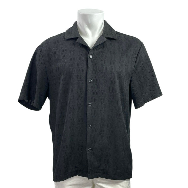 H&M Black Texture Weave Collared Short Sleeve Button Down Resort Shirt Top Sz L